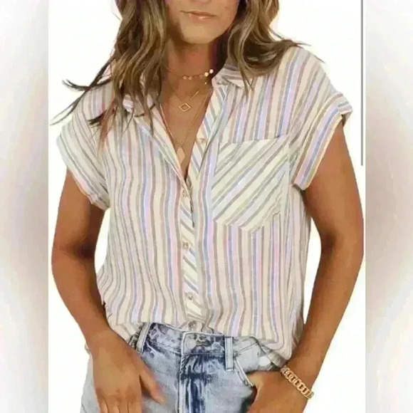 Meufam Striped V-Neck Button-Down Shirt – Size XL - Picture 1 of 4